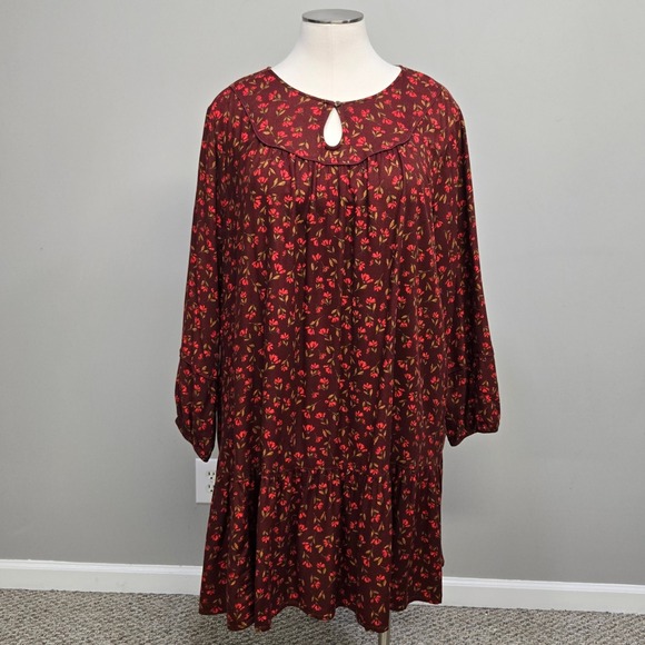 Sonoma Mini Dress Plus Size 4X Burgundy Floral Shift Dropped Waist Ruffle Tiered - Picture 1 of 10